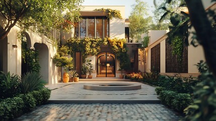 A sun-drenched courtyard with a lush garden and a charming home.