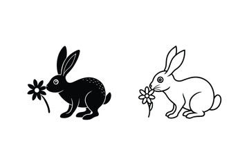 Two Stylized Rabbits With Flower Black And White Illustration Set Isolated