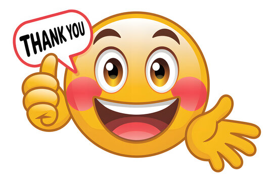 Happy Emoji Saying Thank You with Thumbs Up and Open Hand Gesture