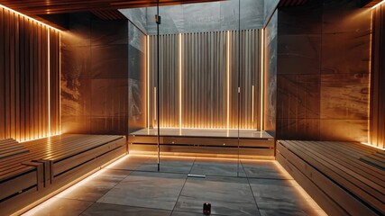 Relax in a tranquil spa with wooden benches, soft lighting, and a calming atmosphere perfect for rejuvenation