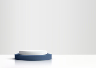 minimalist product display on white podium, modern showcase mockup with dark blue base, clean elegant presentation
