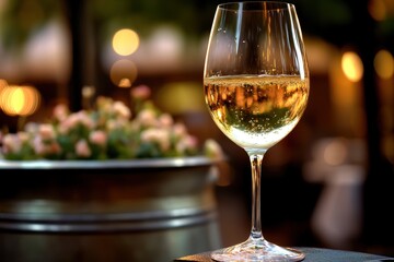 Naklejka premium A refreshing glass of sparkling white wine on an outdoor patio.