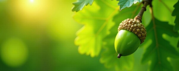 Vibrant green acorn on oak tree, sunlight filtering through leaves , ecology, organic, summer day
