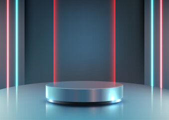 futuristic 3d metallic round podium with neon lights on reflective surface technology concept mockup showroom display