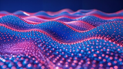Digital waves in vivid colors produce a captivating visual effect, blending pink and blue hues. The flowing patterns create a sense of movement and depth.