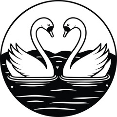 A black-and-white line drawing of two swans facing each other, forming a heart shape with their necks, in a circular frame with a simple water and horizon background, accented by two small hearts.