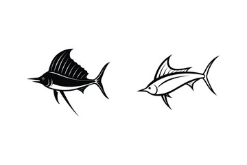 Black And White Marlin Fish Vector Illustration Set In Simple Minimalist Design