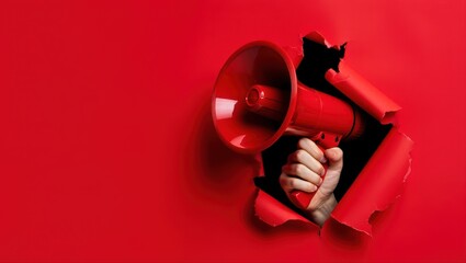 Hand holding megaphone emerging from torn red paper hole