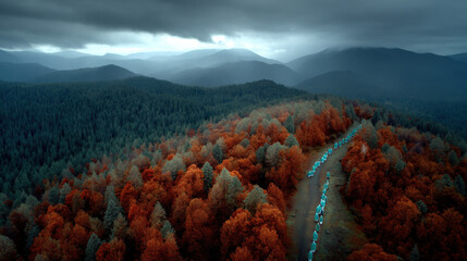 Surreal aerial shot of a group of cloaked figures in teal and white, walking a winding trail through dense forest in early fall, bright orange and dark emerald trees in contrast