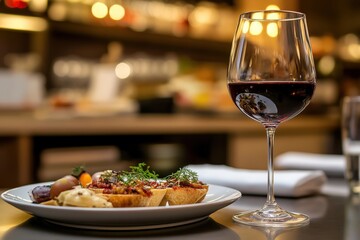 A glass of red wine complements a plate of flavorful tapas.