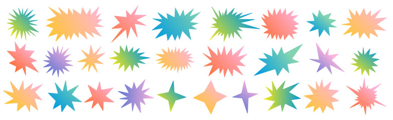 Set of colorful starburst shapes with gradient. Cute collection of stars and sparkle doodle.
