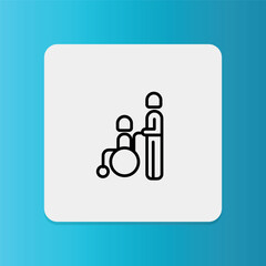 An elderly care icon showing a caregiver assisting an older adult seated in a wheelchair.