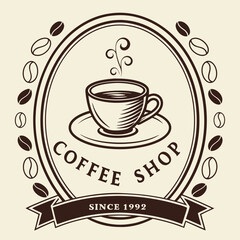 Vintage Coffee Shop Logo, Retro Coffee Badge with Cup and Beans, Classic Café Branding Design