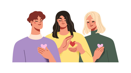 People with love hearts. Volunteers community, group swearing. Care, charity, trust and support concept. Altruism, empathy and humanity. Flat vector illustration isolated on white background