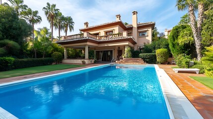 Luxurious pool house with a large, inviting swimming pool.
