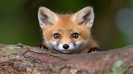 Cute red fox kit peeking from behind a tree