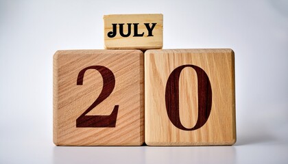 Minimalist photo of wooden blocks with date 20 July. Day and month, calendar on white background