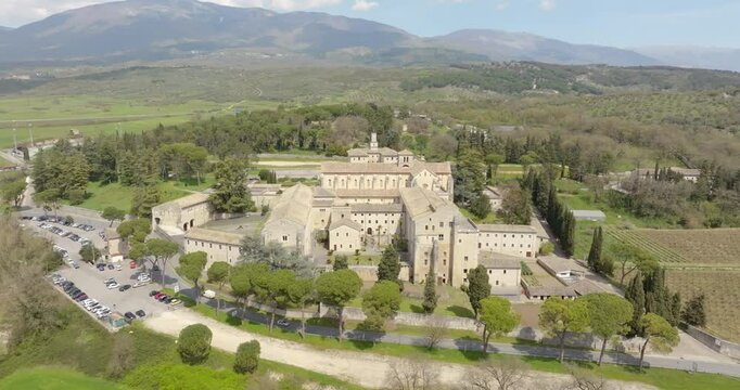 Aerial view of Casamari Abbey located near Frosinone, Lazio, Italy. It is a Cistercian abbey, example of early Italian Gothic architecture in the Burgundian style. It was declared a National Monument.
