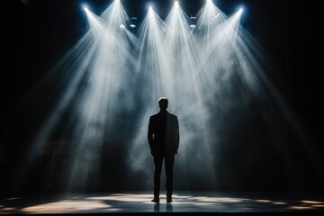 Spotlight shines on performer in dramatic stage setting with mist and lighting