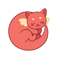 Dreaming Feline: A serene and whimsical cartoon cat, curled in a peaceful slumber, adorned with delicate wings, radiates a sense of tranquility and childlike wonder.