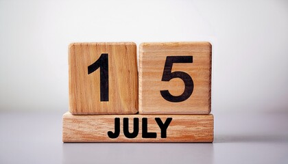 Minimalist photo of wooden blocks with date 15 July. Day and month, calendar on white background