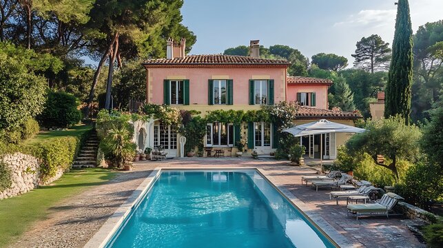 A picturesque villa with a refreshing pool in a lush garden setting.