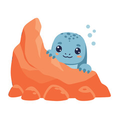Sea Turtle Cartoon: A cute cartoon sea turtle peeks out from behind a vibrant coral reef, showcasing its playful expression in a colorful underwater scene.