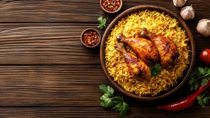 Delicious Chicken Biryani with Fragrant Rice and Spices on Rustic Wooden Table Top View Indian Cuisine Tasty