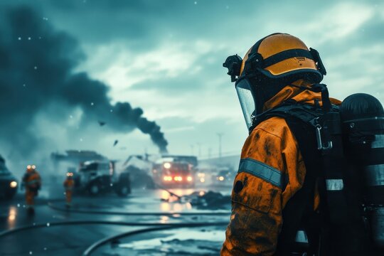 Firefighter responds to emergency situation in industrial area during stormy weather