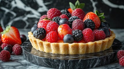 Delightful Fruit Tart With Fresh Raspberries, Blackberries, Blueberries, And Strawberries On Marble. Perfect Dessert For Special Occasions.