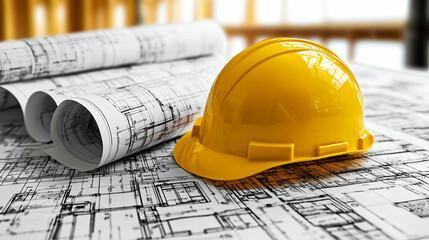 Connecting drawings and a yellow safety helmet. The drawings are partially rolled up, and the helmet is on top of one of the drawings.