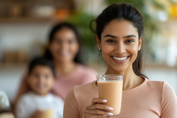 young indian woman holding smoothie glass
