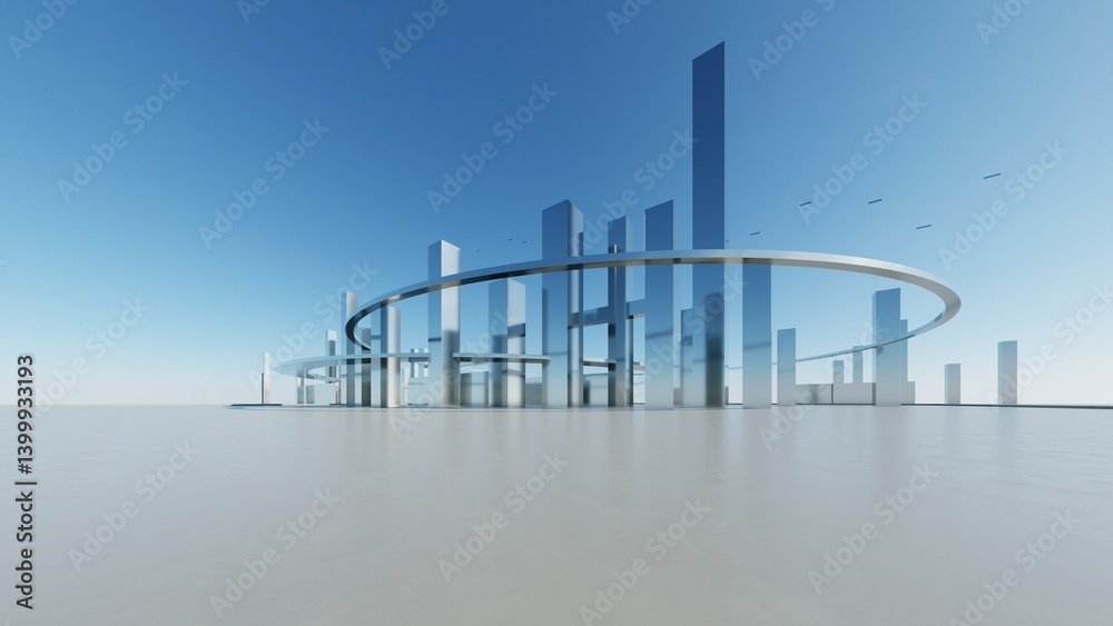 Poster 3d illustration of abstract architecture background, geometric architectural with chrome or metallic design, Futuristic city landscape