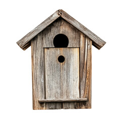 Old weathered wooden birdhouse isolated on white background nesting box nature wildlife animal shelter rustic vintage decoration ornithology bird watching spring summer garden decor handmade craft