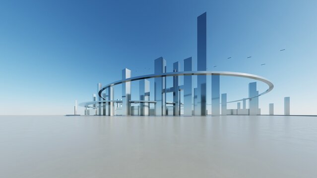 3d illustration of abstract architecture background, geometric architectural with chrome or metallic design, Futuristic city landscape