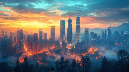 Obraz premium Tall modern city skyline at sunset with colorful sky clouds