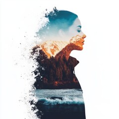Double Exposure Portrait Merging Woman s Profile with Mountain and Water Scenery