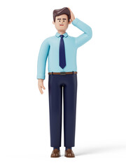 A man touching his head, symbolizing confusion or dilemma. 3d rendering, conceptual image. Isolated on white background.