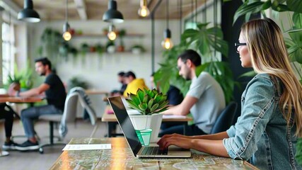Young woman with long blond hair working on laptop in stylish coworking space with modern lights and lush plants. Concept of digital nomad lifestyle and creative work environment