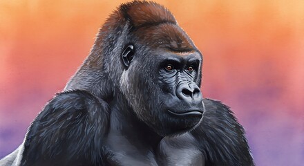 Obraz premium Majestic Gorilla Portrait: Warm Hues and Intense Gaze AI Generated