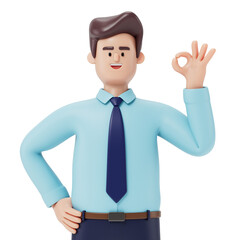 A man with OK gesture in business attire. Symbolizes approval or positivity. 3D rendering, conceptual image. Isolated on white background.