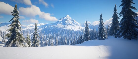 Majestic winter landscape featuring snow covered mountains and evergreen trees under a clear blue sky offering serene beauty