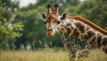 Obraz premium Curious Giraffe Peeking Through Savannah Grassland