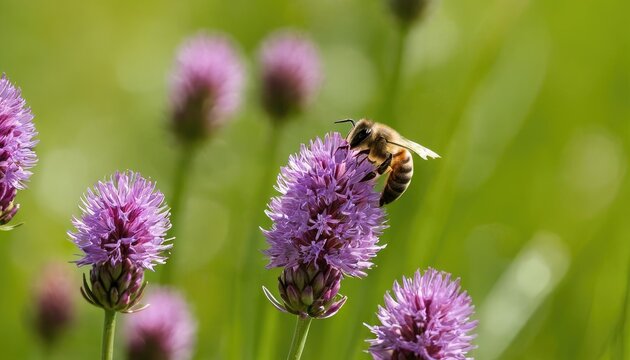 Closeup of a bee on knapweed in a field under the sunlight
1