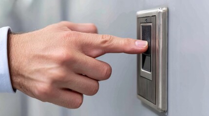 Person pressing doorbell residential area action shot daylight close-up home security awareness