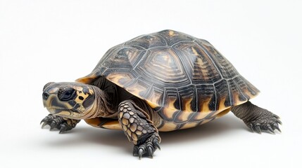 Obraz premium Captivating portrait of a brown wood turtle on a clean white background showcasing its unique shell pattern and textured skin in a studio shot with natural light