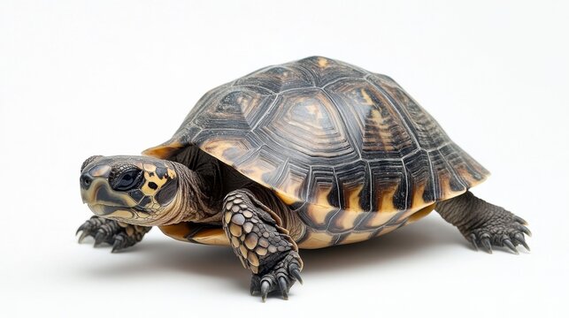 Captivating portrait of a brown wood turtle on a clean white background showcasing its unique shell pattern and textured skin in a studio shot with natural light