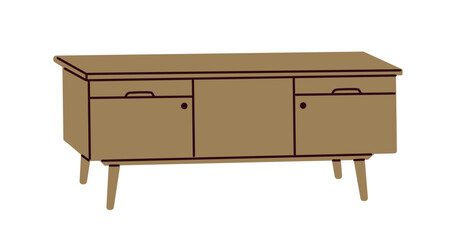 Sideboard, TV stand, cabinet. Wooden furniture with drawers and legs. Console table for home storage in modern retro style, mid-century design. Flat vector illustration isolated on white background