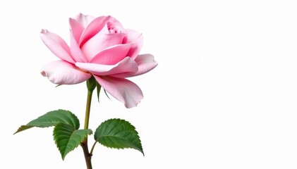 Single pink wild rose, fully opened, against pure white , background, detail