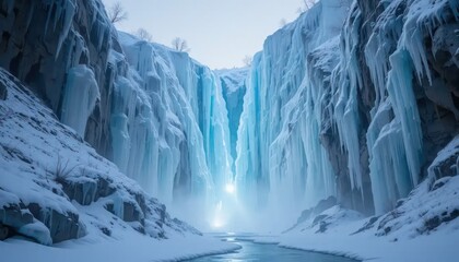 Frozen Waterfall in Winter Wonderland with Blue Ice and Snowy Canyon